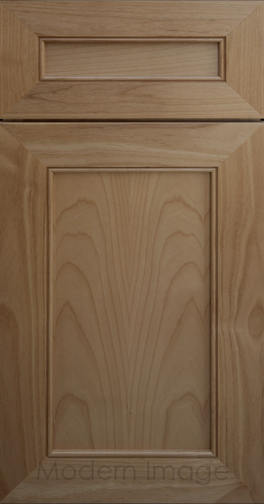 Highland warm gray-stained Shaker kitchen cabinet door with wide rails and a flat center panel.